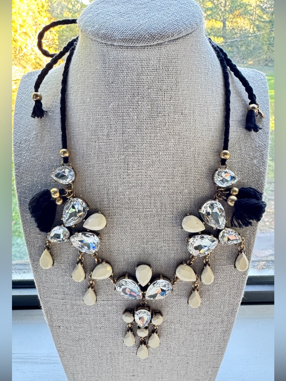 J. Crew Black Cord Necklace with Clear and Cream Teardrop Stones